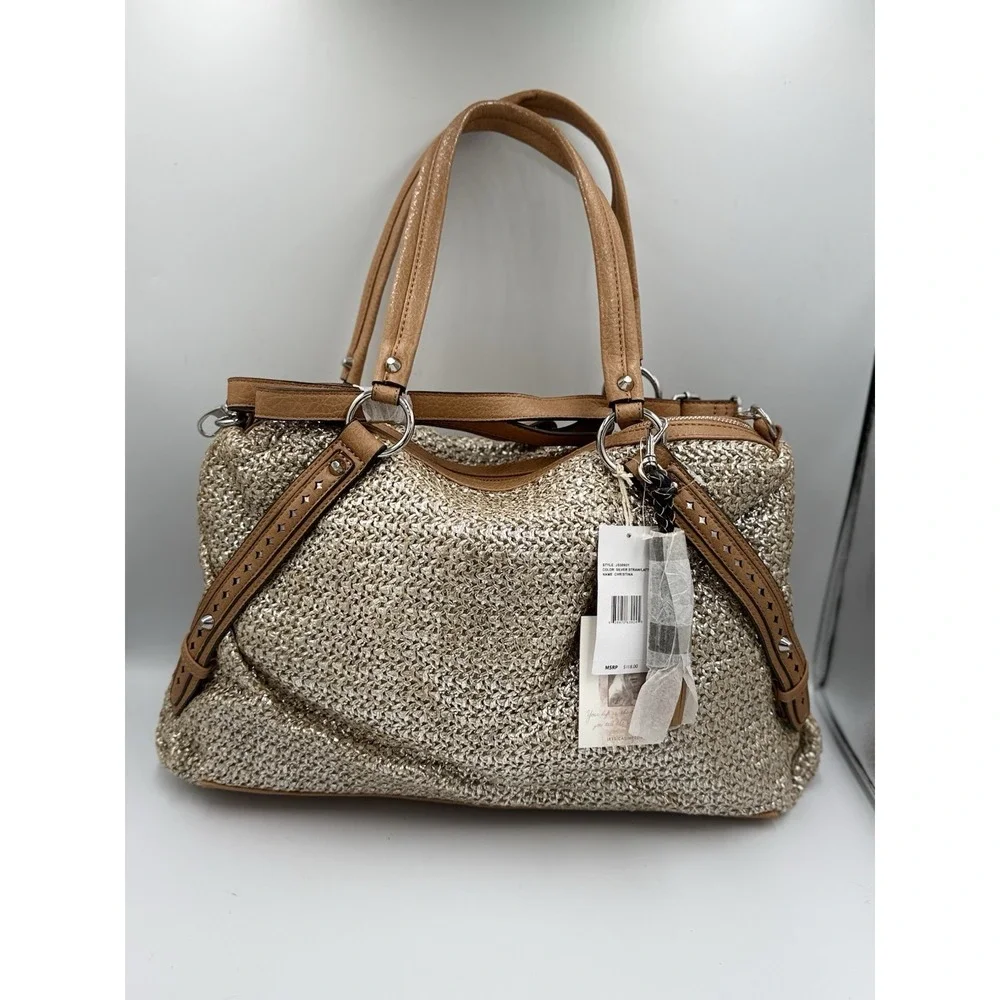 Jessica Simpson Christina Satchel Shoulder Bag Tan Straw Faux Leather Tassel NWT